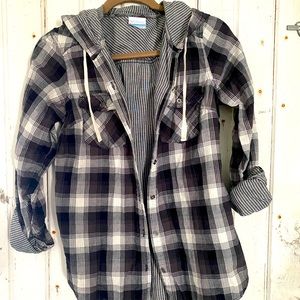 Columbia Sportswear Times Two Hooded Shirt Flannel Plaid Gray